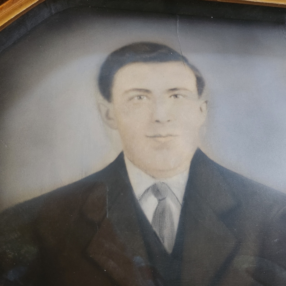 Antique Charcoal Drawing Art Wood Ornate Floral Frame Convex Bubble Glass Gold - Picture 2 of 15